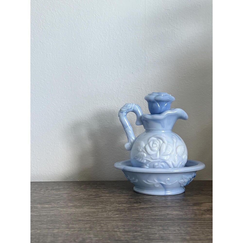 Vintage Blue Slag Milk Glass Pitcher and Bowl Set